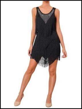 Fringe Latin Dance Dress Sequins Ballroom Salsa Tango Sleeveless Midi